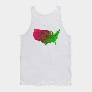 Colorful mandala art map of the United States of America in dark pink and green Tank Top